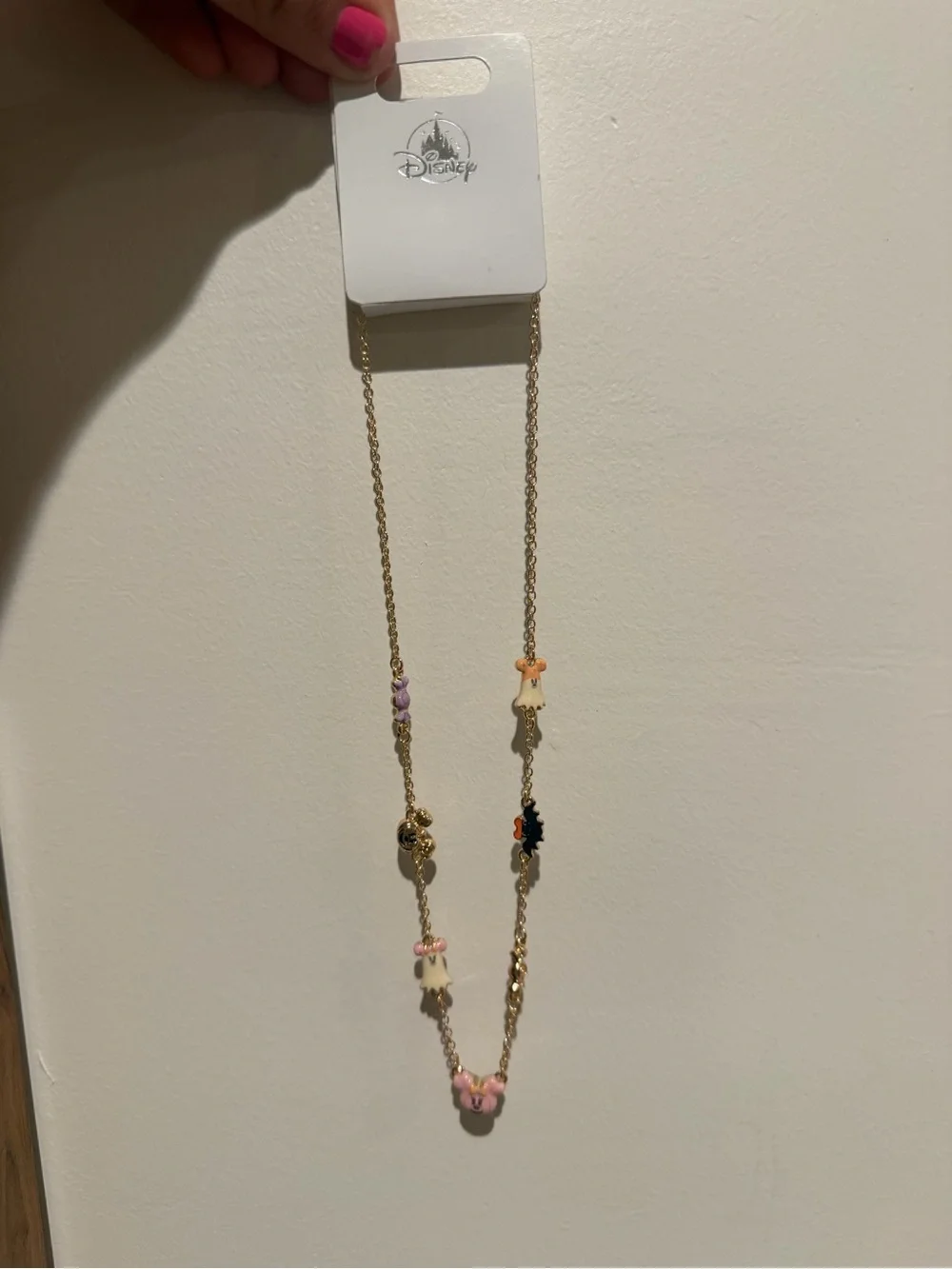 Disney Halloween Gold-Tone Necklace with Pink & orange pumpkin ghosts bat candy